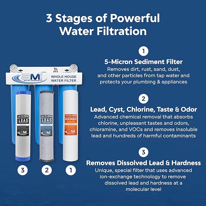 Applied Membranes Inc. 3-Stage Whole-House Water Filter Cartridge Replacements, Includes 20-Inch Sediment, Carbon, and Lead Filter Cartridges