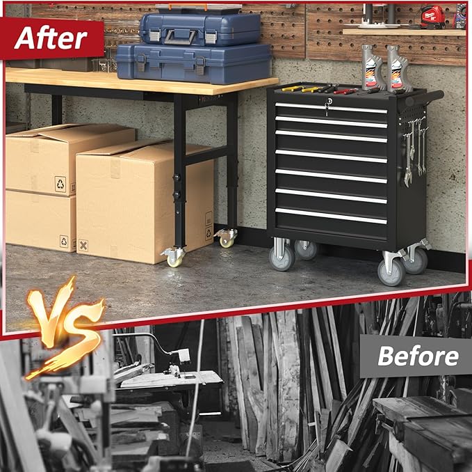 7 Drawers Rolling Tool Chest with Wheels, Rolling Tool Chest with Drawers, Portable Rolling Tool Boxes with Wheels, Tool Box Storage Cabinet with Locking System for Garage (Black, 7 Drawers)