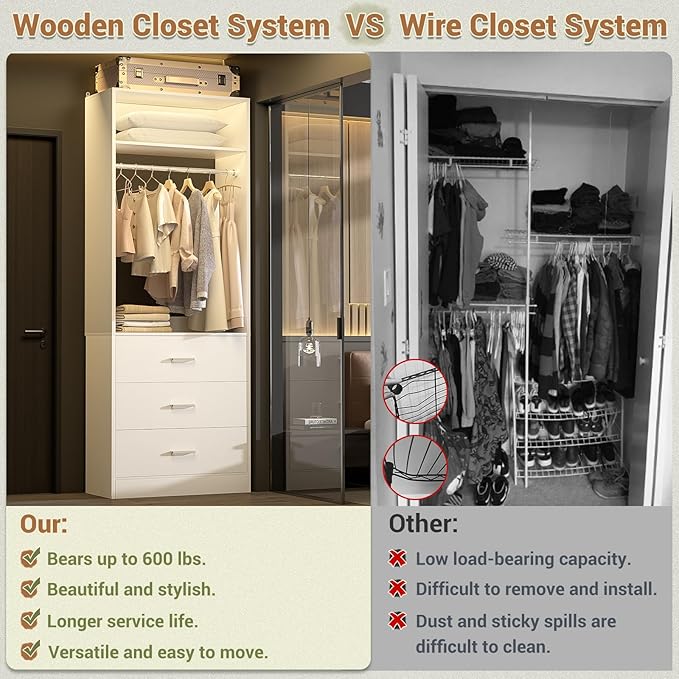 Freestanding 2FT Closet System with 3 Wood Drawers, 24" Closet Organizer System with Hanging Rod & Shelves, Walk-in Closet Systems for Small Closets, White (24"L x 15" W x 80" H)