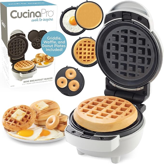 3 in 1 Mini Breakfast Maker- Make Mini Waffles Donuts Pancakes or Eggs all in 1 Multi Use Appliance- Easily Swap & Clean Interchangeable Griddle Plates- Small Electric Nonstick Holiday Baker Xmas Gift
