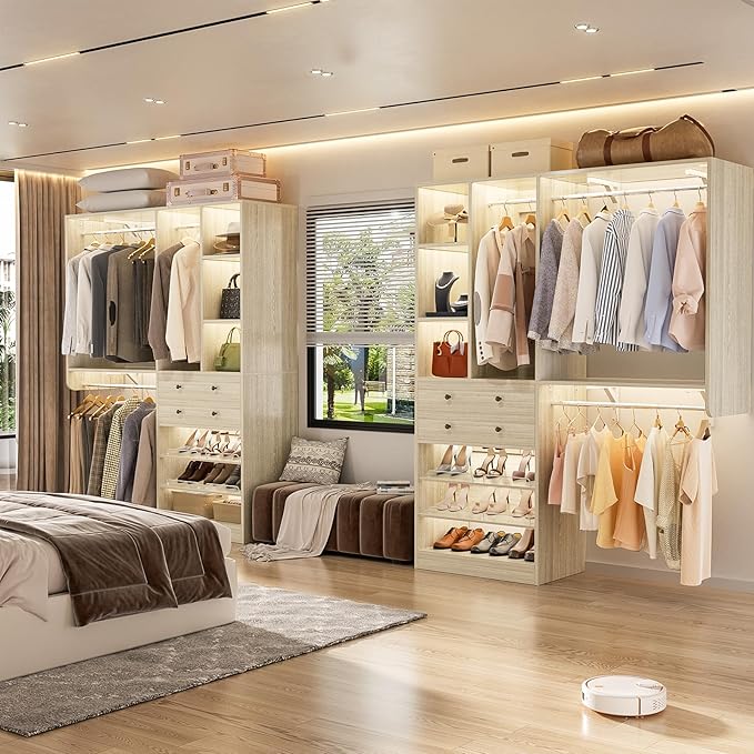 Closet System - 5FT Small Closet System with Drawers, 60" Closet Organizer System with Reversible Hanging Shelving, Closet Systems for Small/Walk-in Closets, Greige Oak