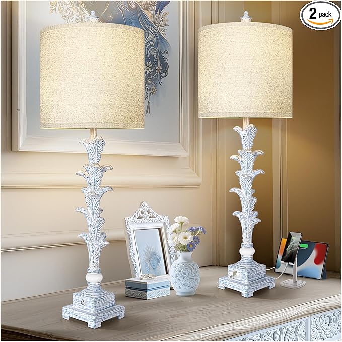 33'' Touch Table Lamp Set of 2 for Living Room , 3-Way Dimmable Buffet Lamps with USB Ports and White Shade, Vintage Farmhouse Bedside Nightstand Lamps for Bedroom Office Study Dinning (Bulb Included)