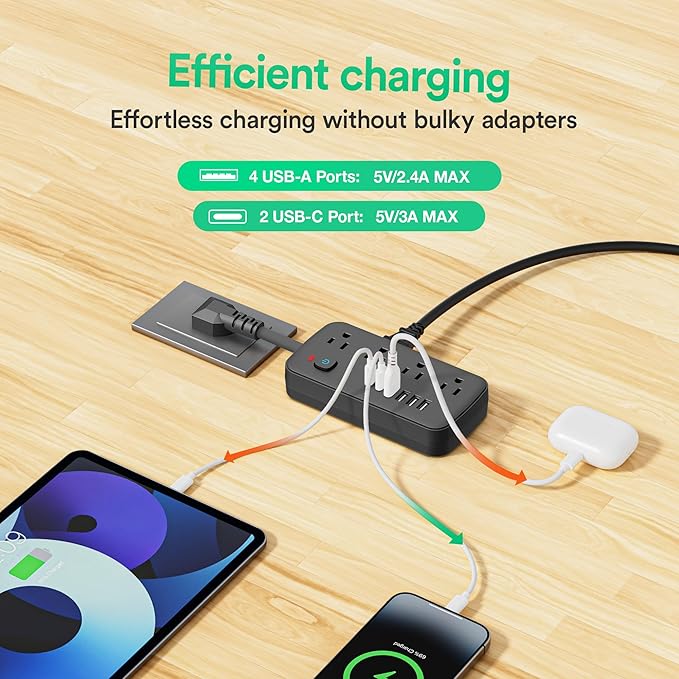 Surge Protector Power Strip - 8 AC Outlets & 6 USB Ports (4A/2C), 1080J Extension Cord with Multiple Outlets, 2-Sided Outlet Extender, Short Cord (0.2FT), Wall Mount for Dorm Room