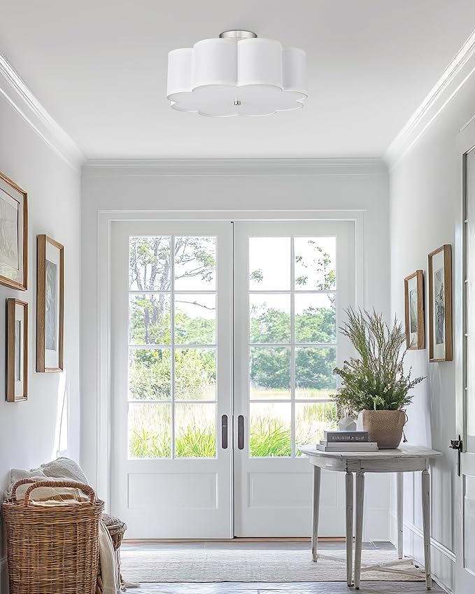 Semi Flush Mount Ceiling Lights, 4-Light 18" Ceiling Light Fixtures with Fabric Shade in Flower Shape, Brushed Nickel Farmhouse Drum Lighting for Nursery Bedroom Kitchen, AD-22009-4SF-SN