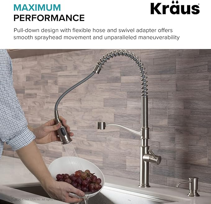 KRAUS Sellette Commercial Style Spot Free Stainless Steel Single Handle Pull-Down Kitchen Faucet with Deck Plate and Soap Dispenser, KPF-1683SFS-KSD-80SFS