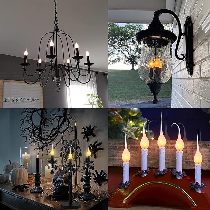 Silicone Dipped Candle Light Bulbs, 5 Watt Night Light Bulbs, C7/E12 Candelabra Base Bulbs, Clear Country Style Candle Light Bulbs for Christmas Chandelier Electric Window Candle, 120 Volt- 12 Pack