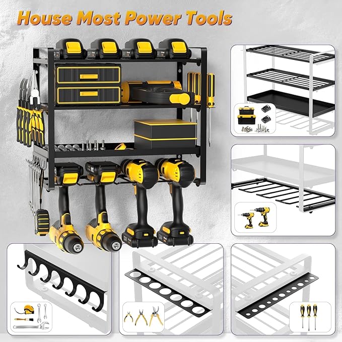 Power Tool Organizer Wall Mount, Heavy Duty Drill Holder, Garage Tool Organizer and Storage, Suitable Tool Rack for Tool Room, Workshop, Garage, Utility Storage Rack for Cordless Drill