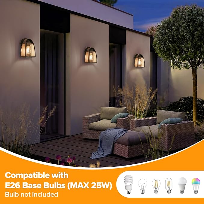 LUTEC 2 Pack Outdoor Wall Light Fixtures, Exterior Waterproof Wall Lantern with Clear Glass Shade, Aluminum Modern Matte Black Porch Sconce Outdoor Lighting for Garage Entryway Yard