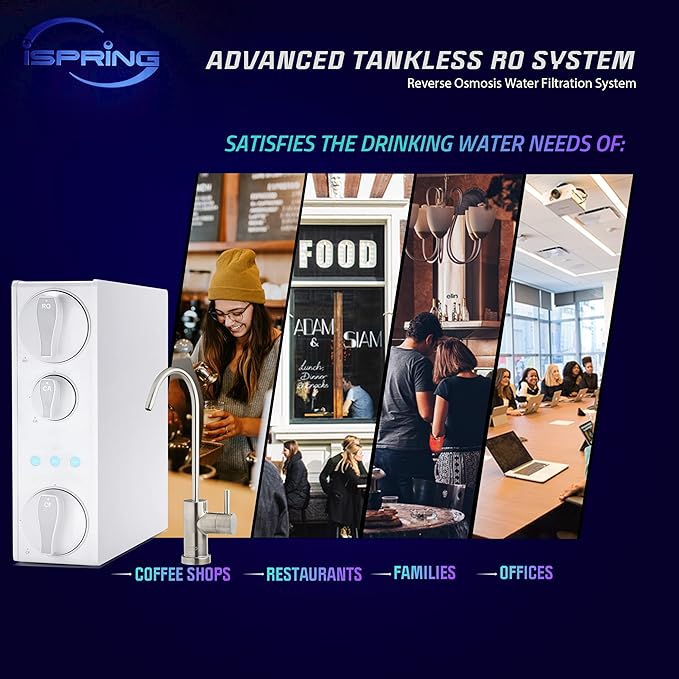 iSpring RO500AK-BN+UVF8 Tankless Reverse Osmosis Water Filtration System with Natural pH Alkaline Remineralization and LED UVF8 Light, 500 GPD RO System, Brushed Nickel Faucet, 2:1 Pure to Drain Ratio