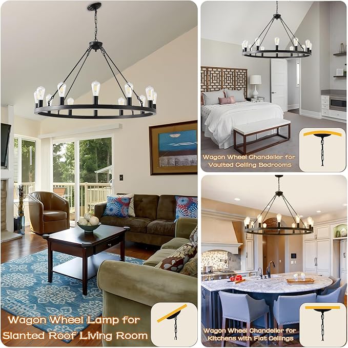40” Farmhouse Wagon Wheel Chandelier,Black Rustic Chandelier 12-Lights Round Dining Room Light with Adjustable Height,Industrial Ceiling Light Fixtures for Kitchen,Foyer,Porch,Living Room