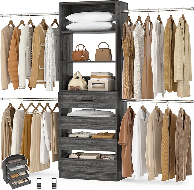 Aheaplus Closet System, 4-9 Ft Closet Organizer with 4 Wooden Drawers, Wood Closet Organizer System with Tower, Walk-in Closet Organizer Wardrobe Clothes Rack with 4 Hanging Rods, Black Oak