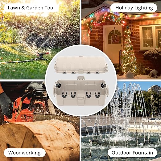 QUOBAS Outdoor Waterproof Electrical Box with 6 Cable Ports, IP54 Weatherproof Heavy-Duty Extension Cord Cover for Power Strips, Garden Power Tools, Holiday Lights, Almond