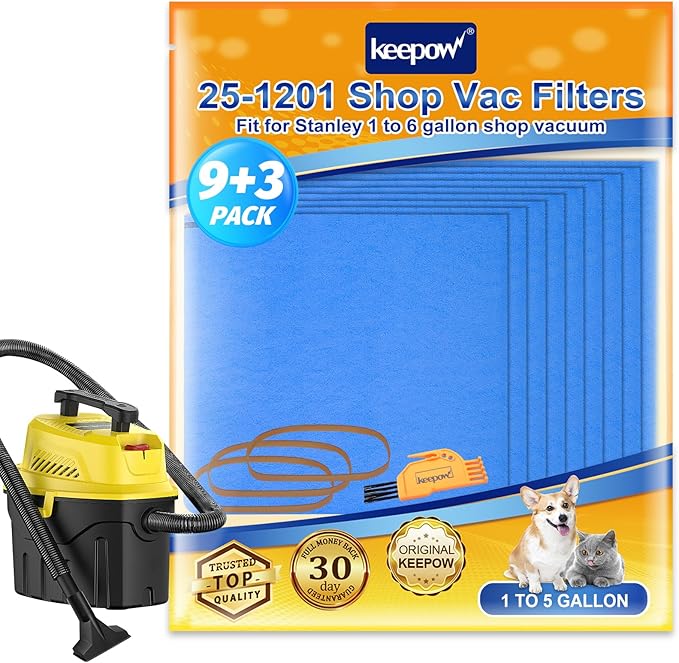 KEEPOW 25-1201 Reusable Dry Filters 9 Pack Compatible with Stanley 1-6 Gallon Wet/Dry Vacuums