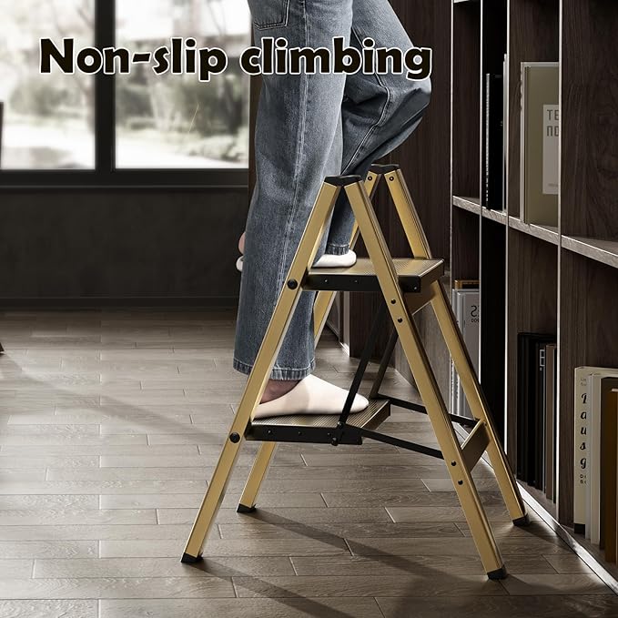 HillhutApex 2 Step Stool, Aluminum Foldable Step Ladder, Lightweight Stable Stool with Wide Non-Slip Pedals, 330lbs Bearing Capacity Ladder for Office,Home,Kitchen - Gold
