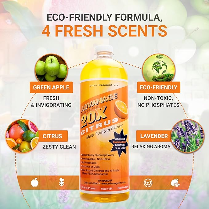 All Purpose Cleaner Concentrate - Advanage 20X The Wonder Cleaner Citrus for All Surfaces Around Bathroom, Kitchen, Oil and Grease | Multi Purpose Cleaner for Household Cleaning Solution | 32 Fl Oz