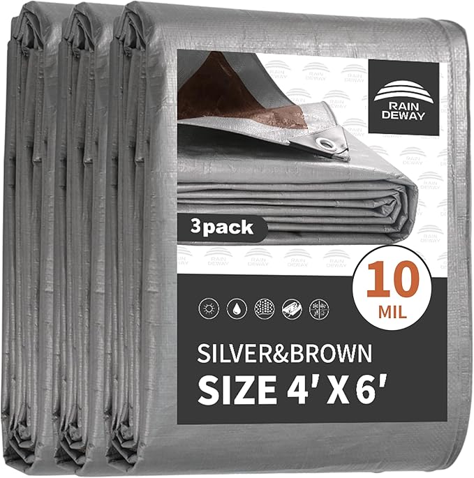RAINDEWAY Tarps Heavy Duty Waterproof 4x6 Feet(3 Pack),10Mil Thick Multipurpose Poly Small Tarp Cover with Metal Grommets and Reinforced Edges,Silver/Brown Tarp