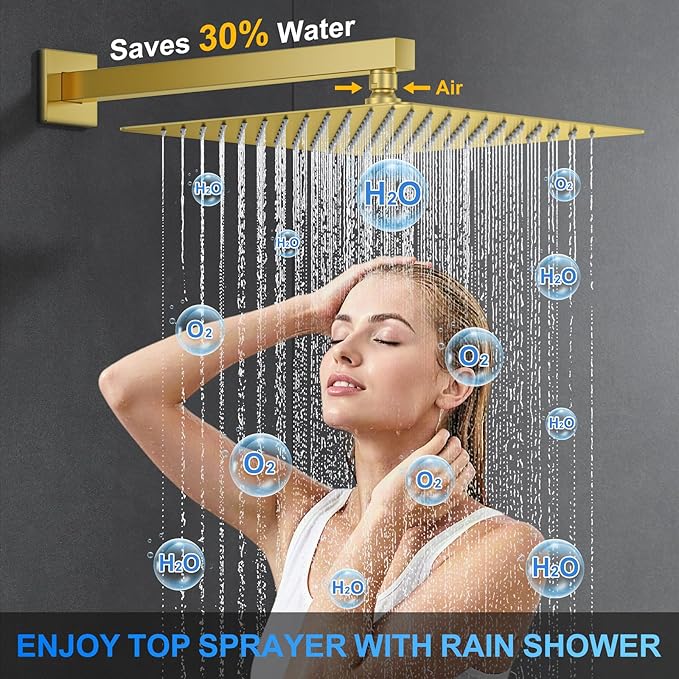 Shower Faucet Set, 12" Wall Mount Rainfall Shower System with 2 Rain Shower Head and Multi-function Handheld Head Push Button Diverter Shower Faucet Trim Kit, Brushed Gold