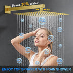 Shower Faucet Set, 12" Wall Mount Rainfall Shower System with 2 Rain Shower Head and Multi-function Handheld Head Push Button Diverter Shower Faucet Trim Kit, Brushed Gold