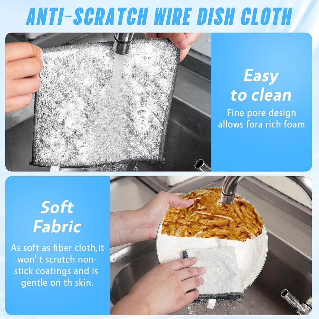 8 PCS Four-Layer Non-Scratch Multipurpose Steel Wire Dishcloths - Reusable Quick-Dry Odor-Free Scrub Cloths for Dishes, Kitchen Cleaning Cloths for Cookware, Sinks, Stove Tops(7.87X7.87)