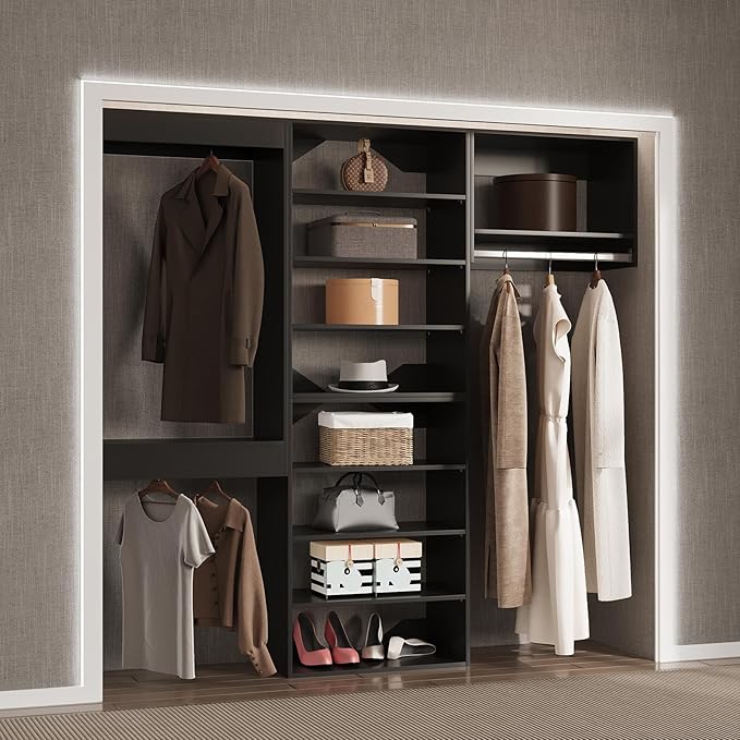 Modular Closet System, 72" Wide Closet Organizer System with Towers and Hanging, Wood Closet Tower Storage for Walk In Closets, Wall Mounted Wardrobe Organizer Kit System, Bedroom, Black