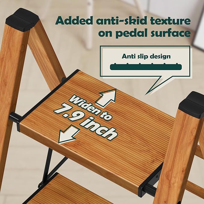 Taranta 3 Step Ladder,Aluminum Lightweight Folding 3 Step Stool with Anti-Slip Wide Pedal, 330lbs Capacity Step Ladder for Household,Kitchen,Office - Woodgrain