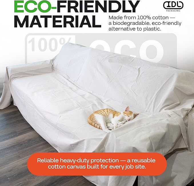 Canvas Drop Cloths 4' x 12', Pack of 4 - Reusable & Eco-Friendly Painters Drop Cloth for Furniture, Surfaces & Floor Protection - 100% Recycled Cotton Canvas Tarp for Home Renovation by IDL Packaging