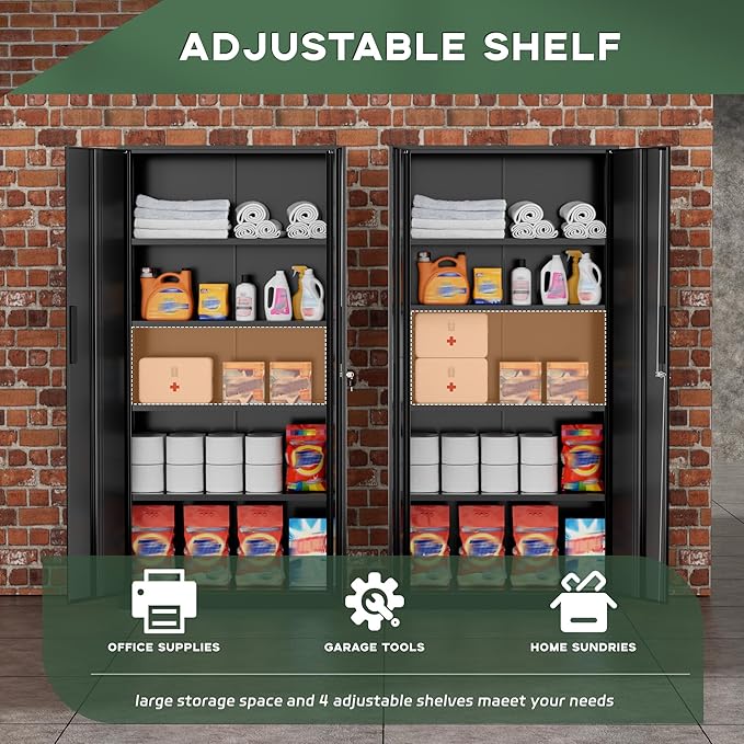 Greenvelly Metal Garage Storage Cabinet, 72” Locking Black Tool Steel Cabinet with Doors and 4 Shelves, Tall Metal Cabinets with Garage Storage Systems for Home Office, Kitchen/Pantry