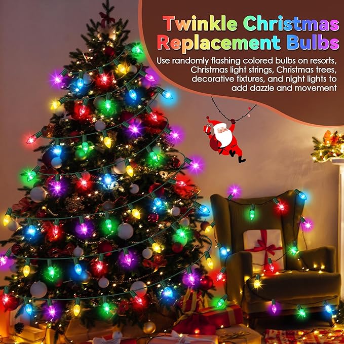 25 Pack Twinkle Christmas Replacement Bulbs, 7W Random Blinking Light Bulbs for Christmas String Light, Nightlights (Colorful,C7,E12 Intermediate Base)
