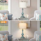 Farmhouse Table Lamps Set of 2, Rustic Touch Control Bedside Lamps with 2 USB Ports & AC Outlet, Vintage Resin 3-Way Dimmable Nightstand Lamp Linen Fabric Shade for Living Room Bedroom Decor Blue