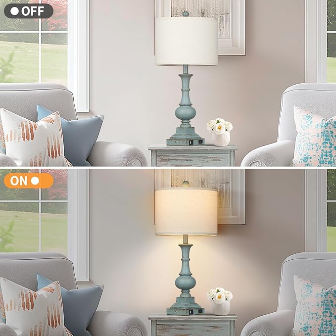Farmhouse Table Lamps Set of 2, Rustic Touch Control Bedside Lamps with 2 USB Ports & AC Outlet, Vintage Resin 3-Way Dimmable Nightstand Lamp Linen Fabric Shade for Living Room Bedroom Decor Blue