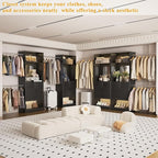 Unikito Closet Systems, 6-14FT Walk in Closet Organizer with 8 Drawers and Mirror, 168" Large Wood Closets Insert with Tower, Sturdy Wardrobe Closets Garment Rack with Extendable Hanging Rods, Black