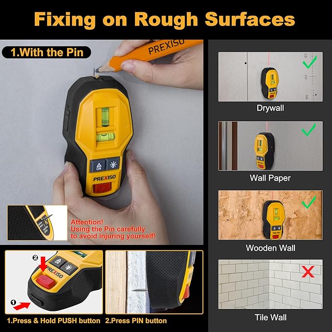 PREXISO 2-in-1 Rechargeable Cross Line Laser Level with Magnetic Stud Finder, Compact Line Lasers with LED Bubble Vials for Accurate Marking, Stud Detector Wall Scanners for Hanging Frames & Pictures