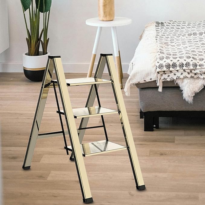 3 Step Lightweight Folding Ladder for Home, 330lbs Aluminum Step Ladder Anti-Slip for Kitchen, Step Stool Foldable Adults for Closet, 330lbs - Champagne Gold