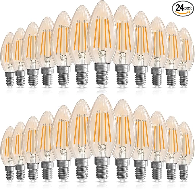 Candelabra Light Bulbs 40 watt Equivalent, E12 LED Bulb Dimmable B10 Candle Light Bulbs, 2200K Amber Warm, Chandelier Light Bulb, 90+CRI, 400LM, Amber Glass Finish, 24 Pack