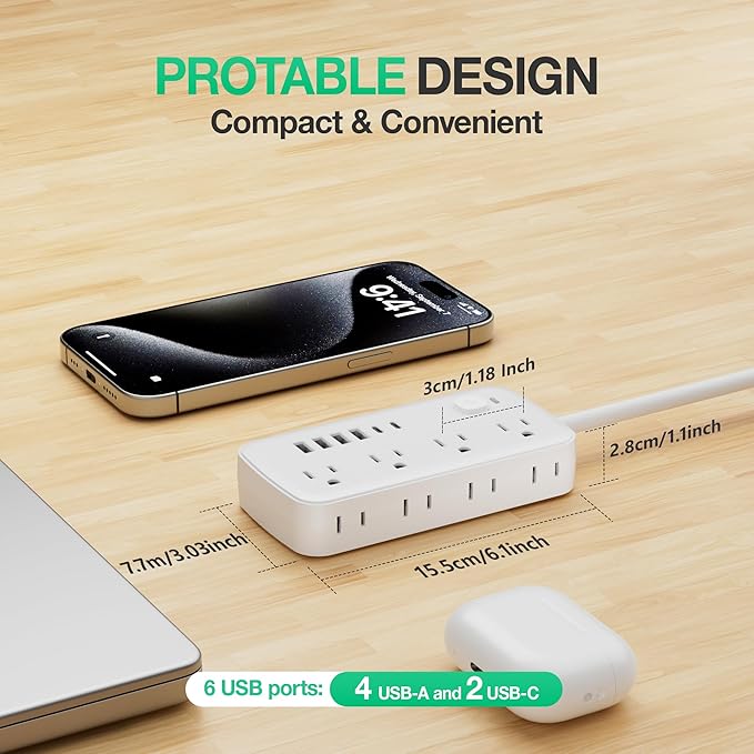 Surge Protector Power Strip - 8 AC Outlets & 6 USB Ports (4A/2C), 1080J Extension Cord with Multiple Outlets, 2-Sided Outlet Extender, 10FT Extension Cord, Wall Mount for Travel, Dorm Room