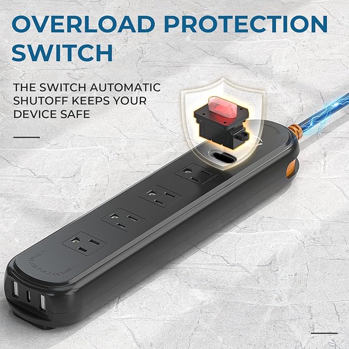 Outdoor Power Strip Weatherproof, 7-in-1 Surge Protector with 4 Wide Outlets 2USB A and 1USB C,1875W/15A, 6FT Flat Plug Multi-Plug Outdoor Extension Cord for Indoor Outdoor, UL FCC Listed