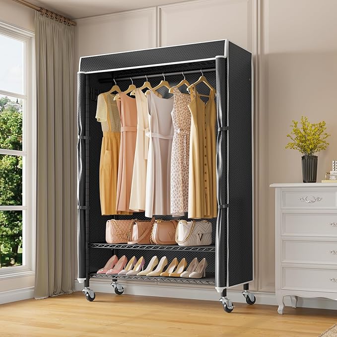 VIPEK R3C Rolling Clothes Rack with Cover Portable Closet for Hanging Clothes, Heavy Duty Garment Rack Freestanding Racks with Wheels&Side Hooks, Black Rack with Black Upgraded Polyester Cover