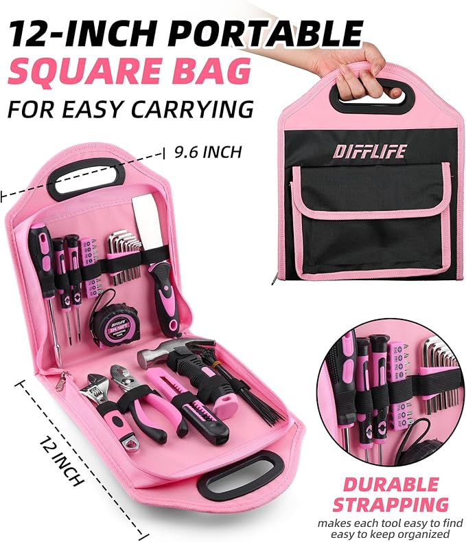 157 Piece Pink Tool Set for Women, Lady's Home Repairing Tool Kit with 13-Inch Wide Mouth Open Storage Tool Bag