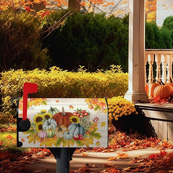 Fall Harvest Pumpkin Mailbox Covers Oversized Autumn Thanksgiving Magnetic Mailbox Cover Large Size 25.5x21 Inches Farmhouse Fall Letter Post Mail Box Wraps for Garden Yard Outdoor Decor