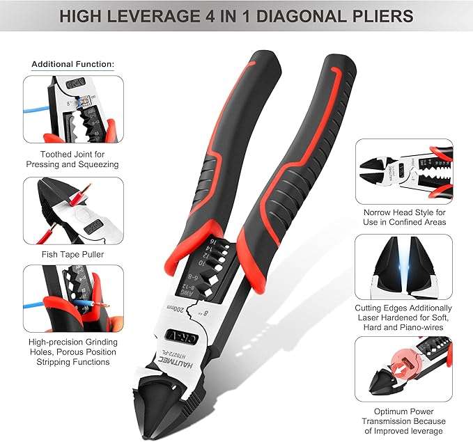 HAUTMEC 8" Diagonal Cutting Pliers, 4 in 1 Multifunction Side Cutters Pliers with Pro-High Leverage, CRV Steel Heavy Duty Wire Diagonal Cutters for Electricians, Mechanics & DIY, HT0272-PL