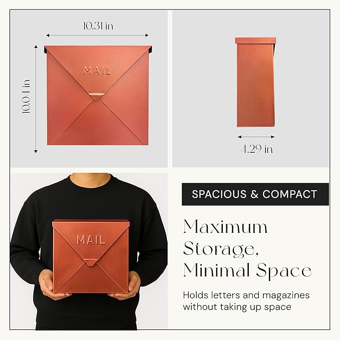 NACH Mailboxes for Outside Wall Mount, 10 x 10 x 4 inch Copper Mail Boxes for House Outside, Waterproof Mailboxes for Outside - Chicago Style Mail Box