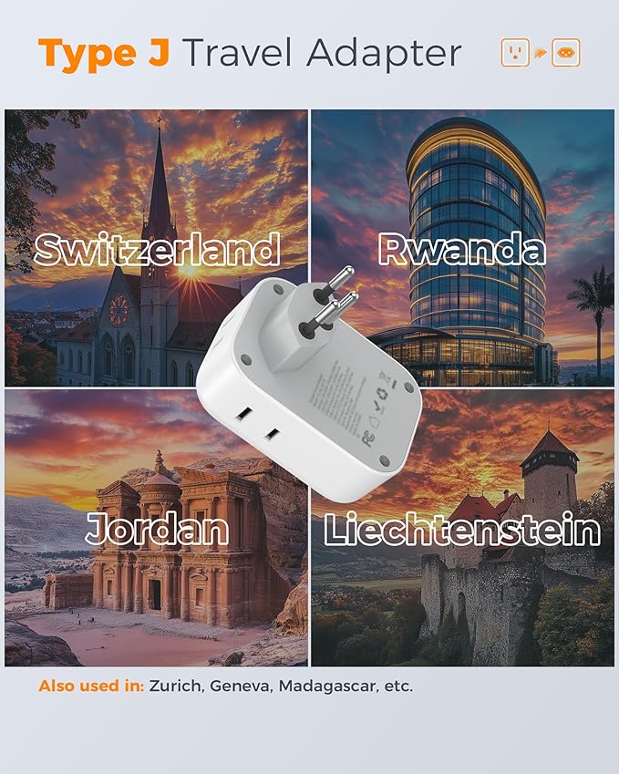 TESSAN Switzerland Travel Plug Adapter, Type J Switzerland Power Adapter with 4 Outlets 3 USB (2 USB-C), Swiss Plug for US to Rwanda Jordan Liechtenstein Madagascar, Travel Essentials