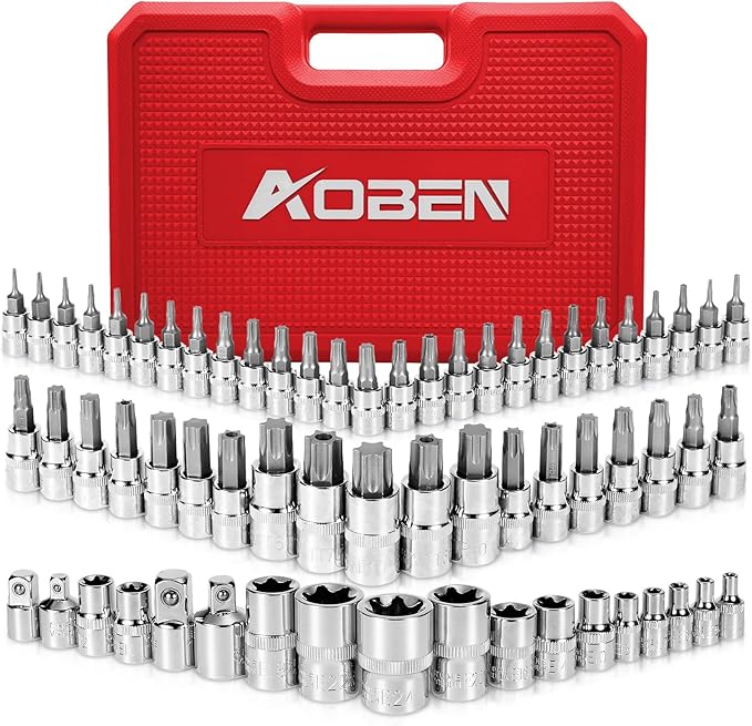 AOBEN 64Pcs Master Torx Bit Socket and External Torx Socket Set, 1/4, 3/8, 1/2-inch(E4-E24, T6-T70,TT6-TT70,TP8-TP60), S2 and Cr-V Steel, Includes Socket Adapters