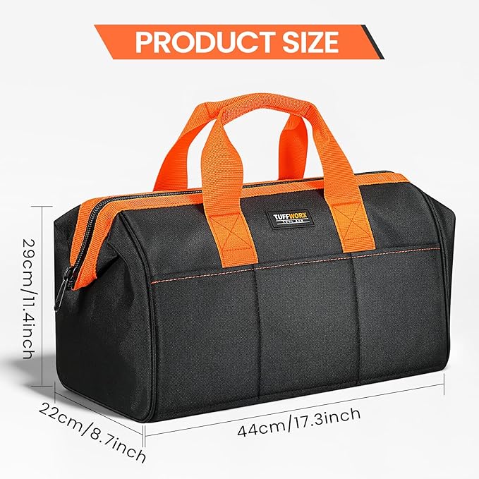 Wide Mouth Tool Bag, Heavy Duty Tool Bags for Men, 12-Pocket Portable Empty Tool Box Organizer Storage for Mechanic, Electrician, 17.3 inch, 600D Oxford, Orange