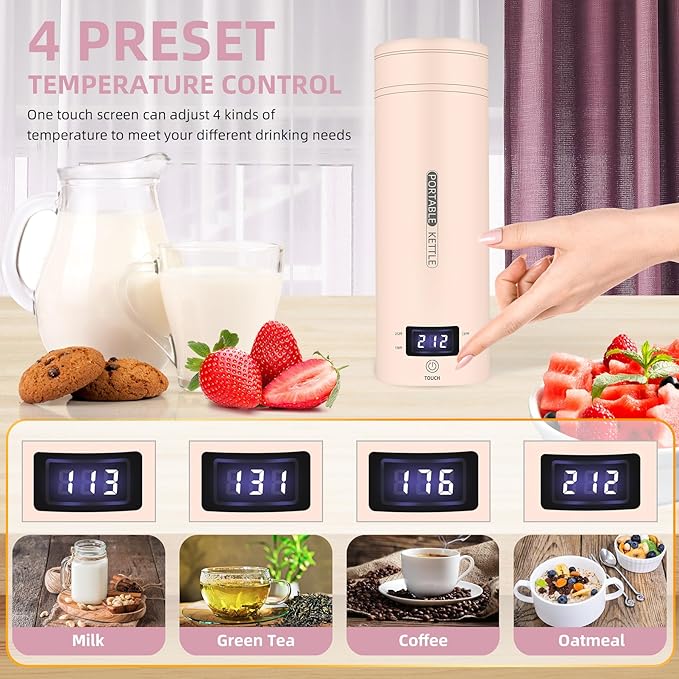 Travel Electric Kettle Portable Small Mini Tea Coffee Kettle Water Boiler, Water Heater with 4 Temperature Control,304 Stainless Steel with Auto Shut-Off & Boil Dry Protection, BPA-Free (Pink)