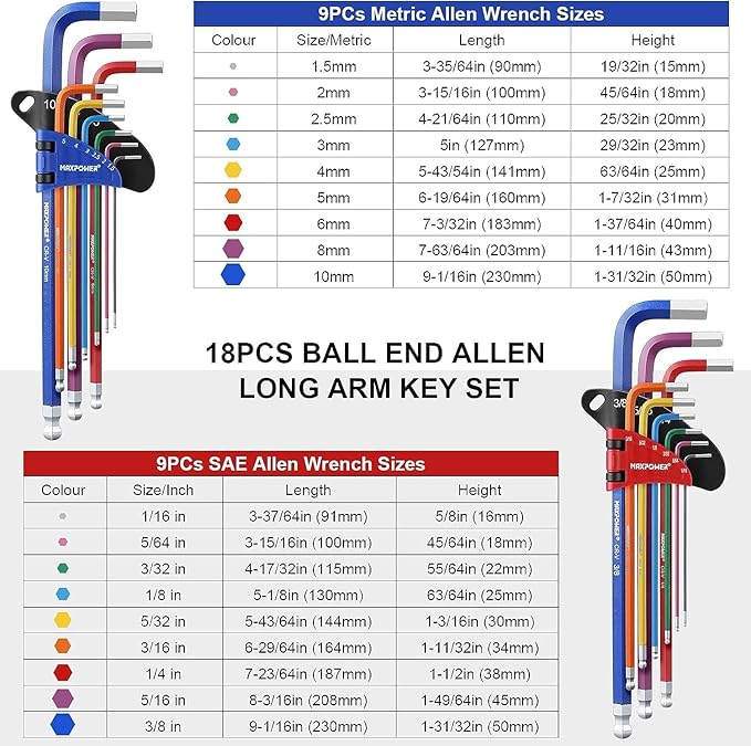 MAXPOWER 18-Piece Hex Key Allen Wrench Set, Hex Key Set SAE & Metric Extra Long Arm Ball End Set with T-Handle
