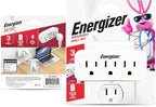 Energizer 3-Outlet Grounded Wall Tap, 15A, 125V, 3-Prong Plug Adapter, White, Plastic & Rubber, Surge Protection, 3 AC Outlets, 4 Pack