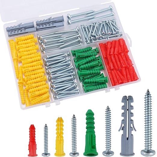 208PCS Drywall Anchors and Screws Assortment Kit, Wall Anchors and Screws Kit, 4 Sizes Plastic Anchors and Matched Phillips Pan Head Screws