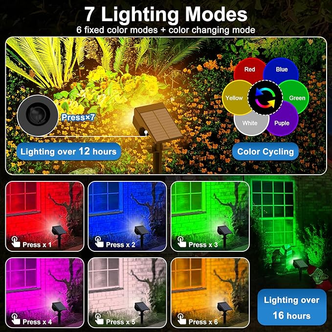Solar Color Changing Spot Lights Outdoor Waterproof Colored RGB Solar Powered Landscape Lights for Yard 7 Lighting Modes Multicolor Solar Spotlights for Pathway Garden Outside (10 Pack)
