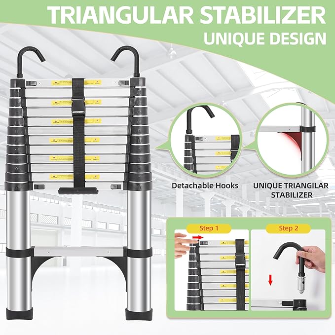 Telescoping Ladders 16.5 FT Aluminum Ladder - One-Button Retraction Collapsible Extension Ladder for Home,RV,Attic & Loft, Lasts 330 LBS with 2 Triangle Stabilizers and 2 Detachable Hooks